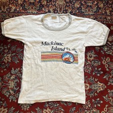Vintage 70s Mackinac Island Beach Sailboat Sun Souvenir Terry T-Shirt Youth - XL