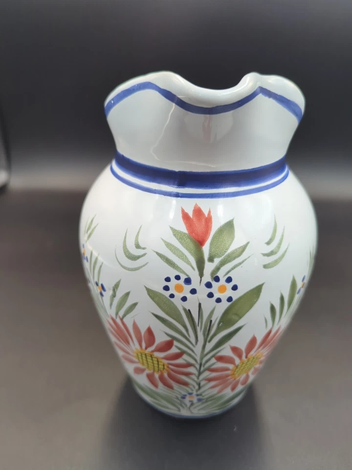 Quimper 8.5" Pitcher Hand Painted And Signed Blue White Red Green Floral Decor - Image 3 of 4