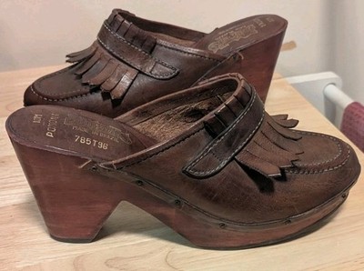 Footworks Pomono Women's 10M Wood Leather Clogs Brazil Studded Tassles Platform