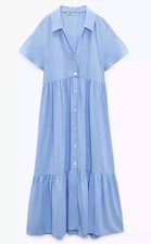 Zara Blue Viscose/Linen Blend Tiered Midi Size M Dress NEW #CC