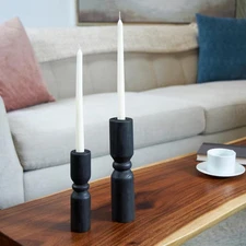 Black Wood Minimalistic Tapered Candle Holder (Set of 2)