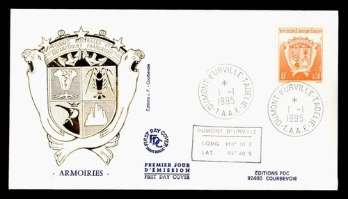 DR WHO 1995 FRENCH ANTARCTIC FSAT FDC COAT OF ARMS CACHET DUMONT D'URVIL M64612