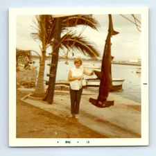 Old Vintage Square Color Photo SOLO WOMAN BY DEAD HAMMERHEAD SHARK CATCH