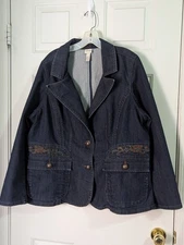 Venezia Denim Blazer Jacket Womens Plus 18 20 Blue Dark Wash Embroidered Pockets