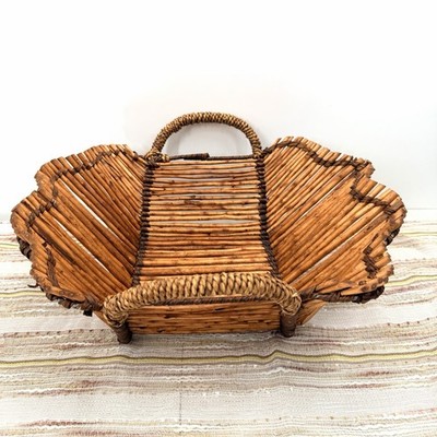 Vintage Bamboo Wood Woven Bread Fruit Basket Table Centerpiece Handles 14.5''
