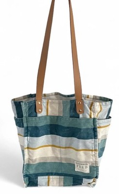 FEED Projects Large Reusable Coastal Stripe Canvas Market Tote Bag 13x11x7 