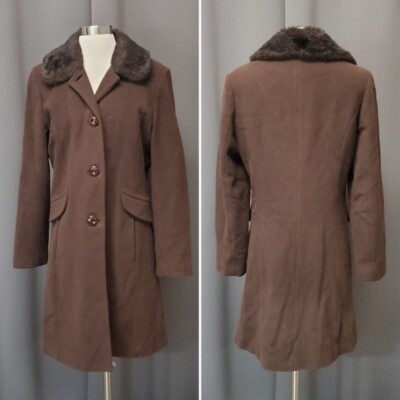 Vintage 90s y2k Esprit Chocolate Brown Wool Blend Faux Fur Midi Trench Coat Md