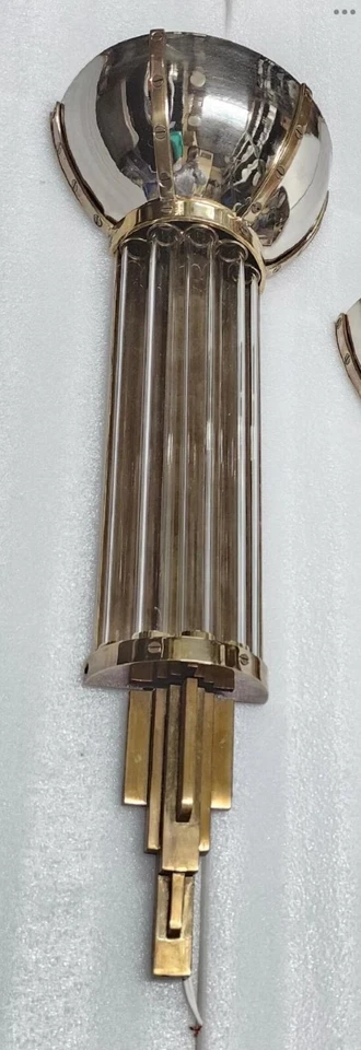 Pair of Antique Vintage Skyscraper Art Deco Wall Sconces – Nickel Brass & Glass - Image 3 of 4