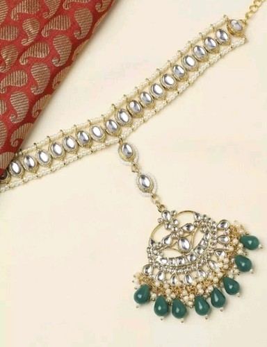 Indian Bollywood Wedding Gold Tone Kundan & Pearls Bridal Matha Patti Maangtikka
