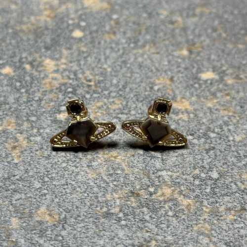 vivienne westwood earrings, Gold Orb Studs With Black Diamond Middle - Afbeelding 1 van 10