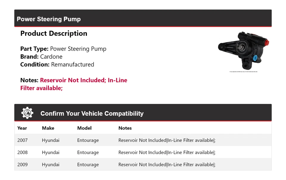 适用于 2007 - 2009 现代 Entourage 动力转向泵 Cardone 2008 — 第 2/4 张图片