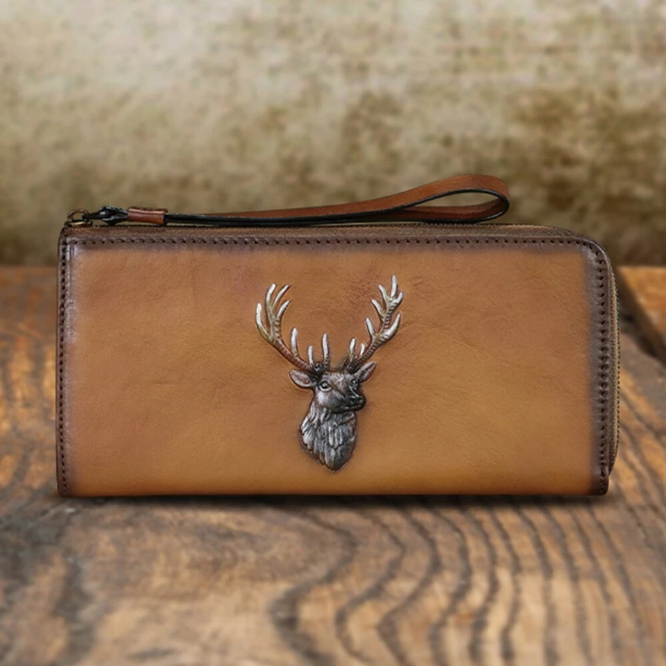 Cartera de Cuero Genuino Mujeres y Hombres Muñequera Cremallera Cartera Monedero Portatarjetas de Dinero Foto 2 de 4