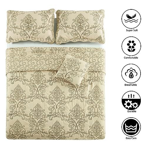 Damask 4 Piece Bedspread Set,Scalloped Edge Reversible Quilt 120" x 120