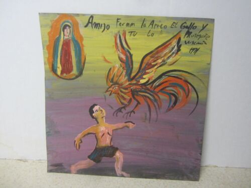 VINTAGE MEXIKANISCHE RETABLO VOLKSKUNST EX VOTO RELIGIÖS BLECH VOLKSKUNST HAHN