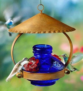 Lapis Blue Hummingbird Feeder Hand Blown Glass Gift Present Rustic
