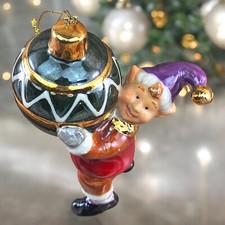 Vintage Porcelain Ornament Hanging Elf w Christmas Ball Shiny Gold Trim Hefty