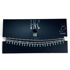 INC Blue and Silver-Tone Anklet Set of 3 Ankle Bracelets Mixed Chain Styles