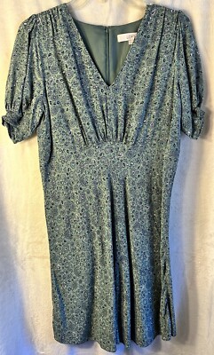 Loft Ann Taylor Women Floral Sage V-Neck Puff Sleeve Midi Dress Sz 8P  Spring