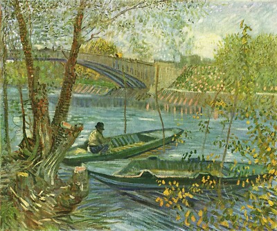 Angler and boat at the Pont de Clichy by Van Gogh Giclee Print Repro on Canvas