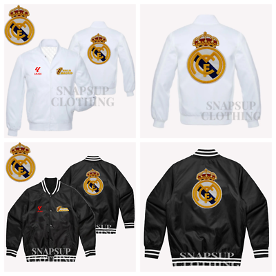 Real Madrid CF White Black Satin Bomber Varsity Jacket Champions