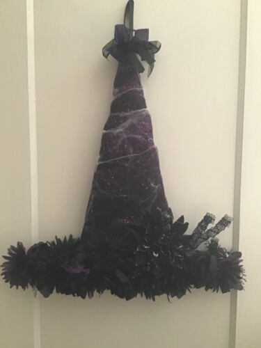 halloween witches hat door wreath black and purple decomesh