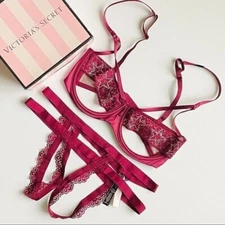 32DD MEDIUM Victorias Secret red harness balconet bra set strappy cheekini panty