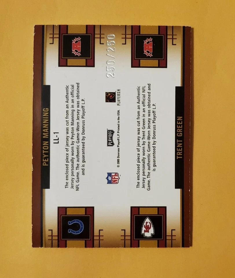 2005 Playoff Prestige Materials 250/250 Peyton Manning Trent Green HOF Last 1/1 - Image 4 of 4