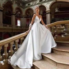 Simple A-Line Satin Wedding Dresses V-neck Spaghetti Straps Backless Bridal Gown
