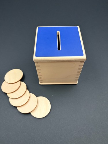 Lovevery Wooden Coin Bank Blue Lid Magnetic Base 6 Coins Babbler Kit