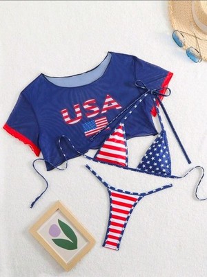 Women's 3 pcs USA Flag Print Bikini Set 