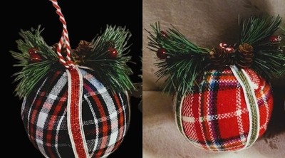 NWT 2 Christmas Ornaments w/Pine & Berries-Blk & Red Plaid Balls-5'' Tall