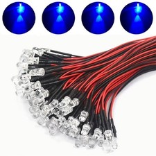 100x Blue Led Single Bulb Small Light Wire 5v-12v Dc 3mm Bright Round Top Clear