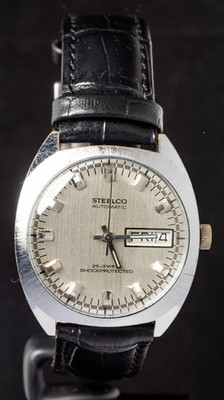 Steelco silber gebürstetes Zifferblatt automatische Vintage Herrenuhr -- funktioniert