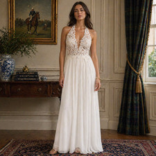 SHERRI HILL Women  s Ivory Lace Halter Maxi Dress 6 Beaded Formal Bridal Prom