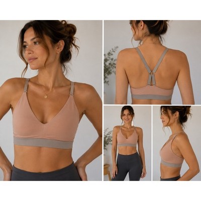 Fabletics Pink Grey V-Neck Adjustable Racerback Sports Bra with Back Pockets