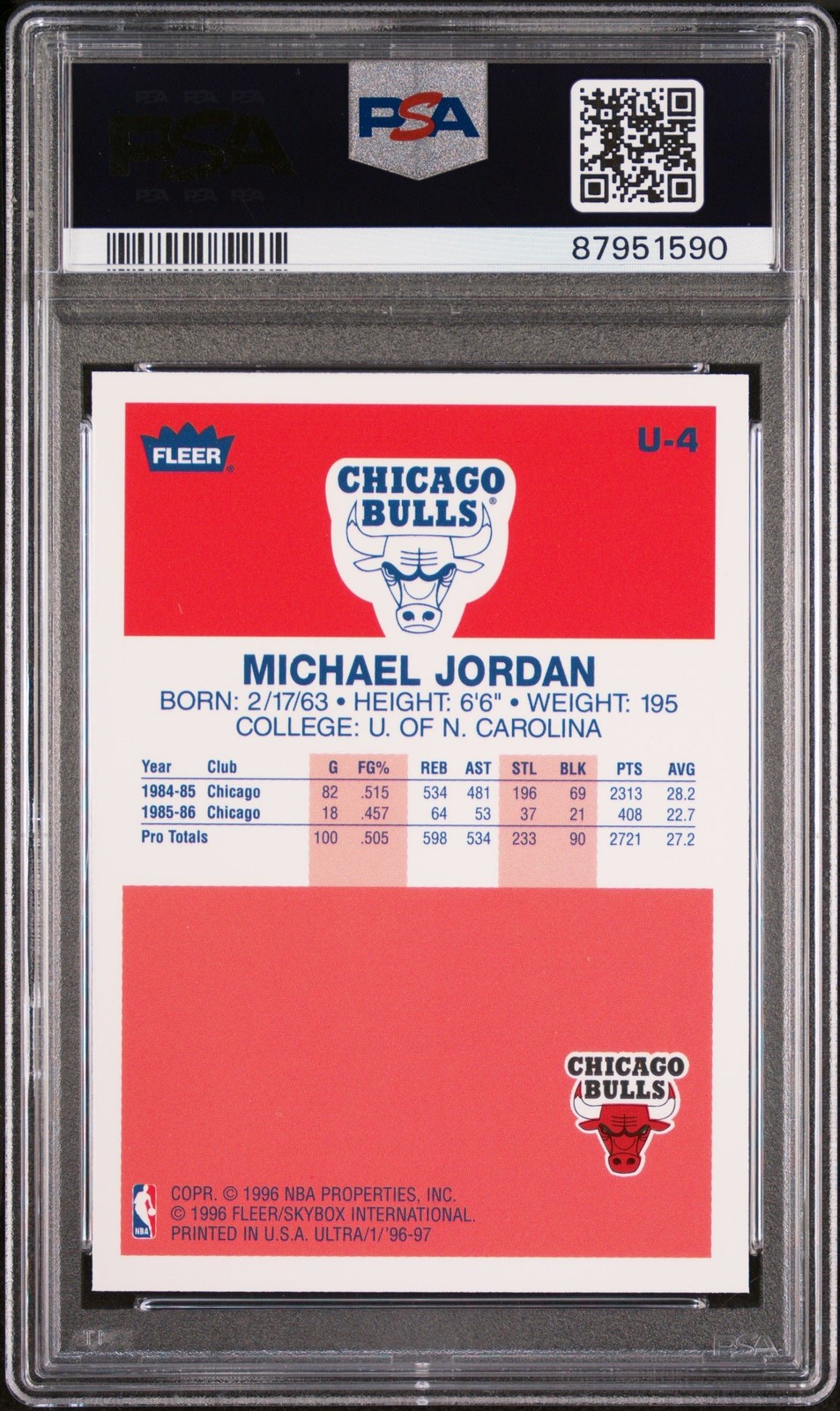 Graded 1996 Ultra Michael Jordan #U4 DOE Rookie Reprint Card PSA 9 view 2