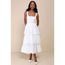 Lulus Sweet Potential White Floral Burnout Tiered Midi Dress Size XS