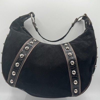 Genna De Rossi Black Studded Hobo Shoulder Bag Croc Embossed Trim