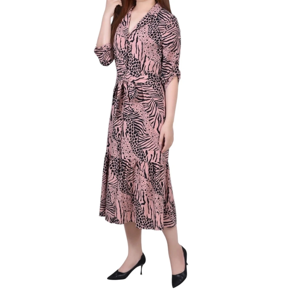 NY Collection Dress Size XL Animal Print Pink Midi Belted Tiered Button Front - Image 3 of 4