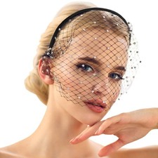 Mesh Veil Fascinator Headband 1920s Headpiece for Women, Funeral Veil with Rh...