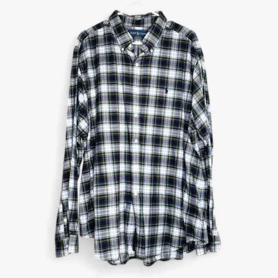 Ralph Lauren Men's Blue, White & Green Plaid Classic Fit Dress Shirt Size XXL
