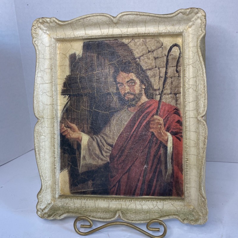 Jesus Standing At The Door Plaster Chalkware Crackle Art Wall Hanging Vintage
