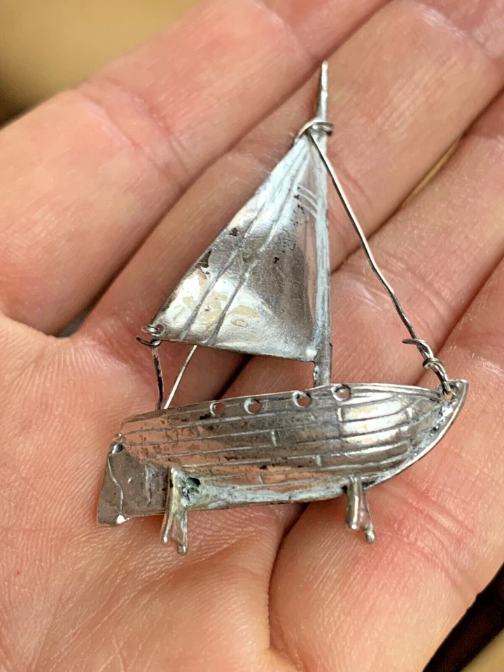 Modelo miniatura de plata maciza hecho a mano .800 velero de pesca yate 13 g H5,7 cm Foto 3 de 4