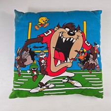 Vintage Looney Tunes Taz Bugs Football Warner Bros 17  Square Throw Pillow 90s