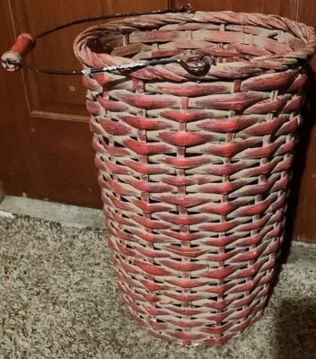Vntg Red Milk Can Basket,Umbrella Stand, Cane Stand,Woven Bamboo,farmhouse Decor