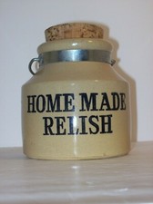VTG STONEWARE CROCK JUG "HOME MADE RELISH" MOIRA ENGLAND BALE HANDLE CORK LID