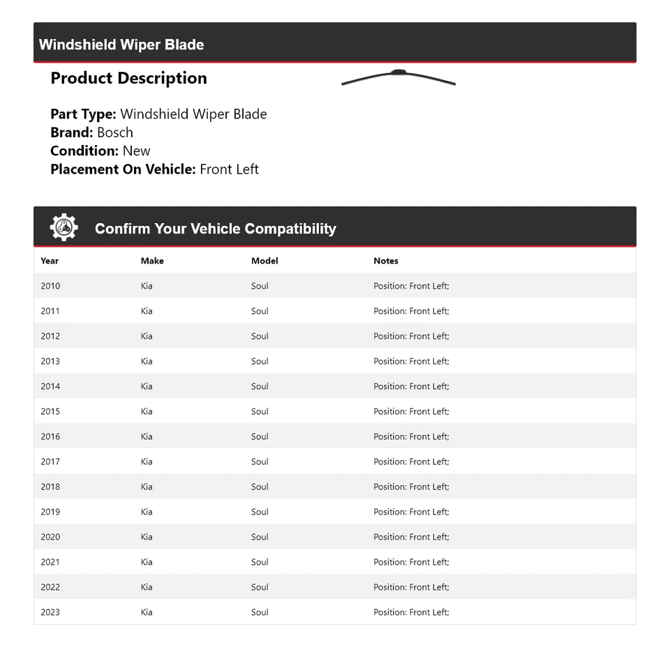 Limpiaparabrisas delantero izquierdo para Kia Soul Bosch ICON 2010-2023 2011 2012 Foto 2 de 4