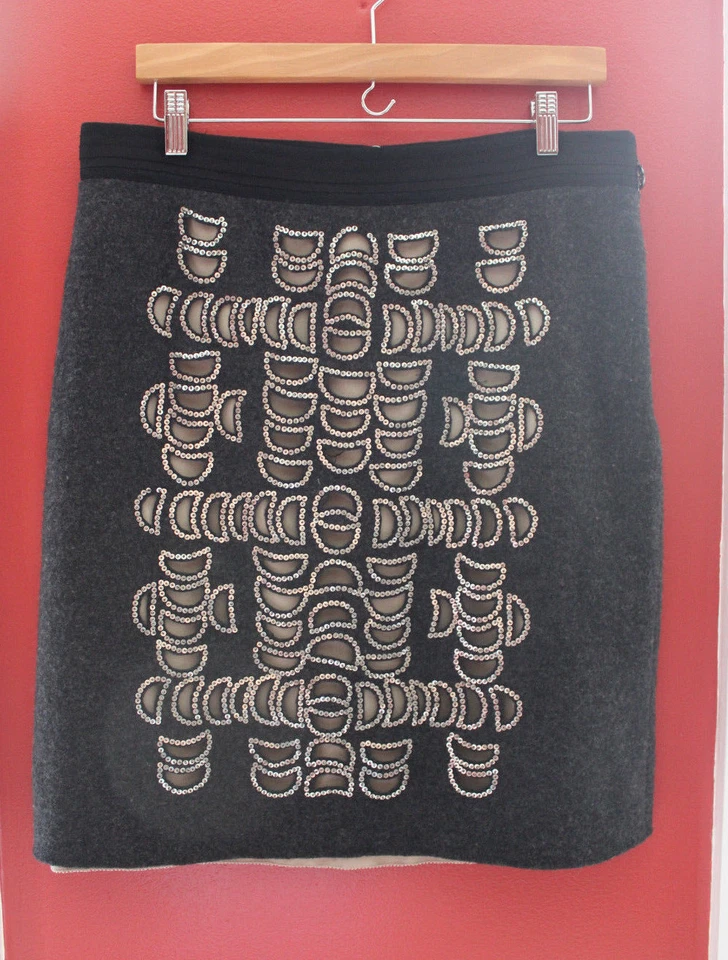 NWT Tory Burch Wool Eve Melange Charcoal Gray Sequined Silk Leslie Skirt L $395