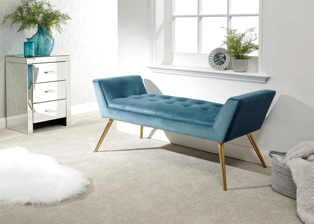 TURIN UPHOLSTERED FABRIC WINDOW SEAT BENCH STOOL W TAPERED GOLD