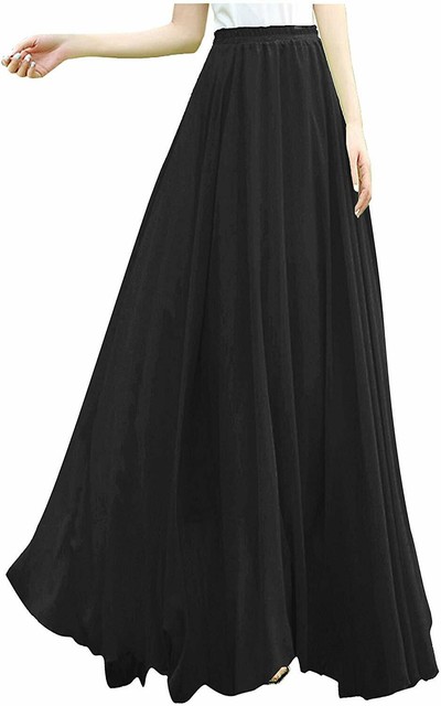 V28 Women Full Ankle Length Elastic Pleated Retro Maxi Chiffon